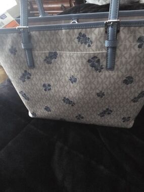 Michael Kors Beige Logo Tote with Blue Floral Accents